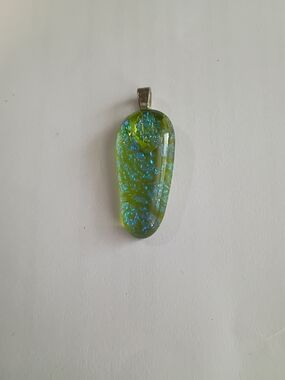 Green and Blue Dichroic Resin Pendant Necklace.